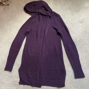 Purple crochet cardigan with hood